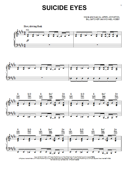 A Thousand Horses Suicide Eyes Sheet Music Notes & Chords for Piano, Vocal & Guitar (Right-Hand Melody) - Download or Print PDF