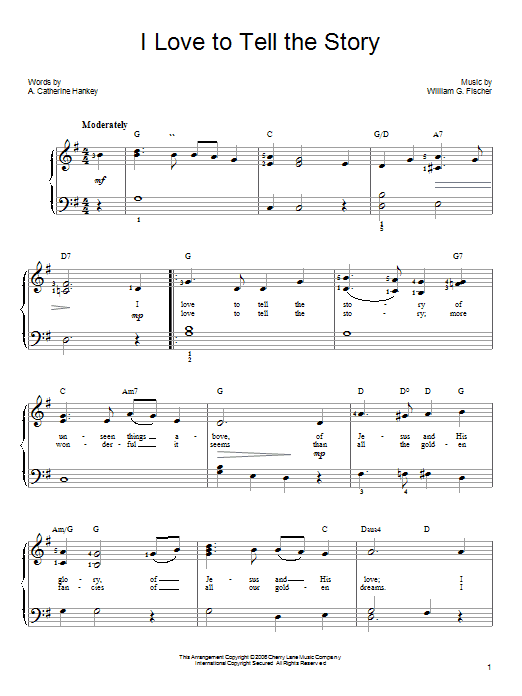 Preview A. Katherine Hankey I Love To Tell The Story Hymn sheet music, notes and chords for Piano (Big Notes), SKU: 67334 I Love To Tell The Story sheet music