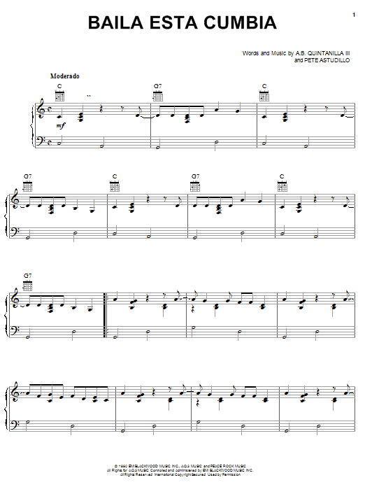 Preview A.B. Quintanilla III Baila Esta Cumbia World sheet music, notes and chords for Piano, Vocal & Guitar (Right-Hand Melody), SKU: 24028 sheet music, piano notes, chords, guitar tabs, score, transpose, transcribe, how to play, guide, download, learn, tutorial, progression, song, artist, awards, billboard, mtv, vh1, tour, single, album, release