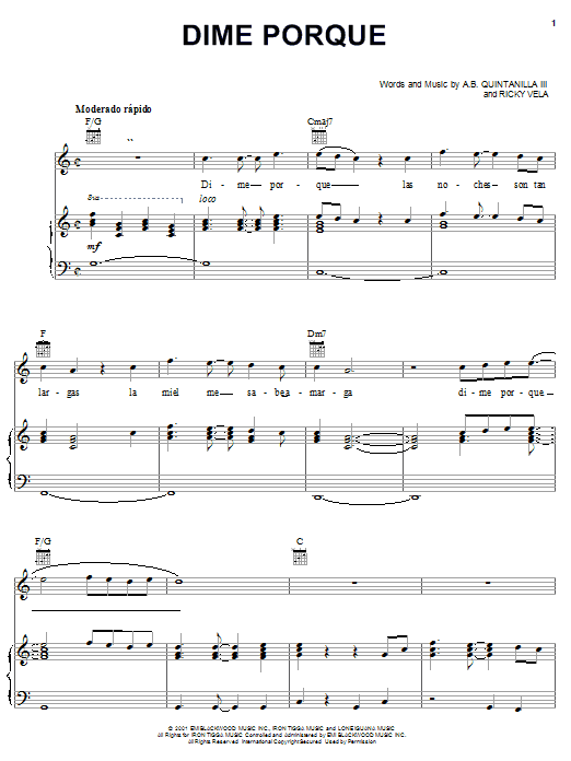 Preview A.B. Quintanilla III Dime Porque World sheet music, notes and chords for Piano, Vocal & Guitar (Right-Hand Melody), SKU: 23998 sheet music, piano notes, chords, guitar tabs, score, transpose, transcribe, how to play, guide, download, learn, tutorial, progression, song, artist, awards, billboard, mtv, vh1, tour, single, album, release