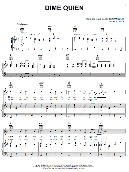 Preview A.B. Quintanilla III Dime Quien World sheet music, notes and chords for Piano, Vocal & Guitar (Right-Hand Melody), SKU: 23999 sheet music, piano notes, chords, guitar tabs, score, transpose, transcribe, how to play, guide, download, learn, tutorial, progression, song, artist, awards, billboard, mtv, vh1, tour, single, album, release