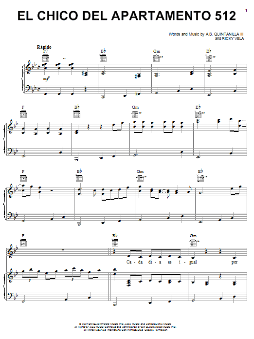 Preview A.B. Quintanilla III El Chico Del Apartamento 512 World sheet music, notes and chords for Piano, Vocal & Guitar (Right-Hand Melody), SKU: 24000 sheet music, piano notes, chords, guitar tabs, score, transpose, transcribe, how to play, guide, download, learn, tutorial, progression, song, artist, awards, billboard, mtv, vh1, tour, single, album, release
