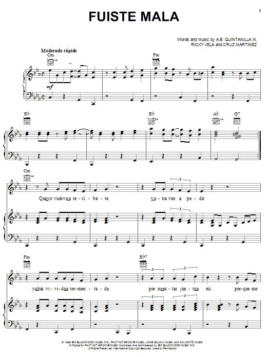 Preview A.B. Quintanilla III Fuiste Mala World sheet music, notes and chords for Piano, Vocal & Guitar (Right-Hand Melody), SKU: 24054 sheet music, piano notes, chords, guitar tabs, score, transpose, transcribe, how to play, guide, download, learn, tutorial, progression, song, artist, awards, billboard, mtv, vh1, tour, single, album, release