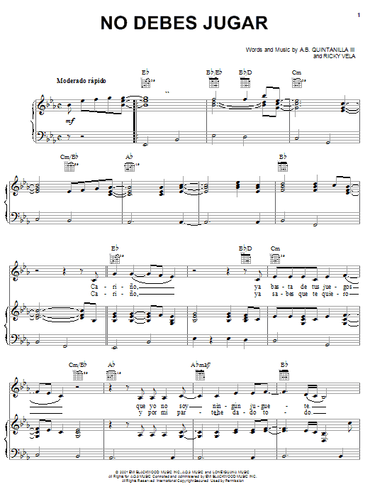 Preview A.B. Quintanilla III No Debes Jugar World sheet music, notes and chords for Piano, Vocal & Guitar (Right-Hand Melody), SKU: 23995 sheet music, piano notes, chords, guitar tabs, score, transpose, transcribe, how to play, guide, download, learn, tutorial, progression, song, artist, awards, billboard, mtv, vh1, tour, single, album, release