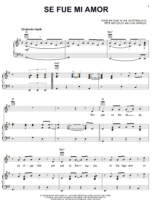 Preview A.B. Quintanilla III Se Fue Mi Amor World sheet music, notes and chords for Piano, Vocal & Guitar (Right-Hand Melody), SKU: 24052 sheet music, piano notes, chords, guitar tabs, score, transpose, transcribe, how to play, guide, download, learn, tutorial, progression, song, artist, awards, billboard, mtv, vh1, tour, single, album, release