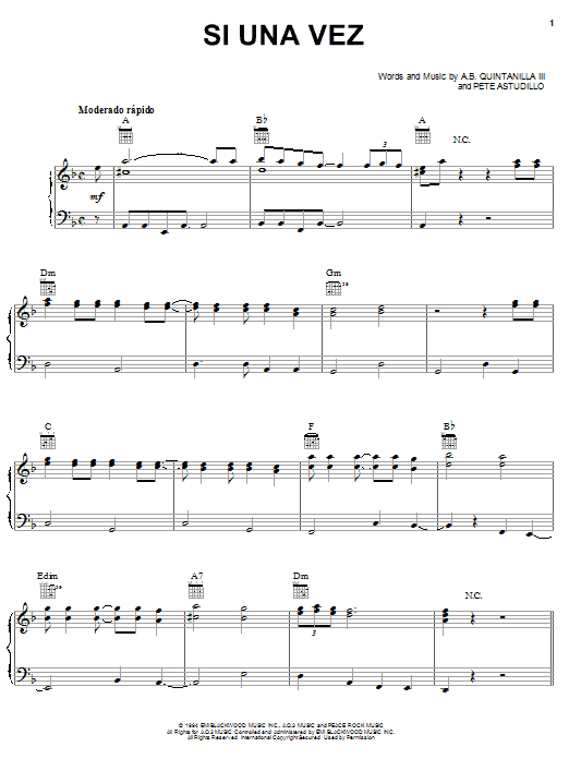 Preview A.B. Quintanilla III Si Una Vez World sheet music, notes and chords for Piano, Vocal & Guitar (Right-Hand Melody), SKU: 24053 sheet music, piano notes, chords, guitar tabs, score, transpose, transcribe, how to play, guide, download, learn, tutorial, progression, song, artist, awards, billboard, mtv, vh1, tour, single, album, release