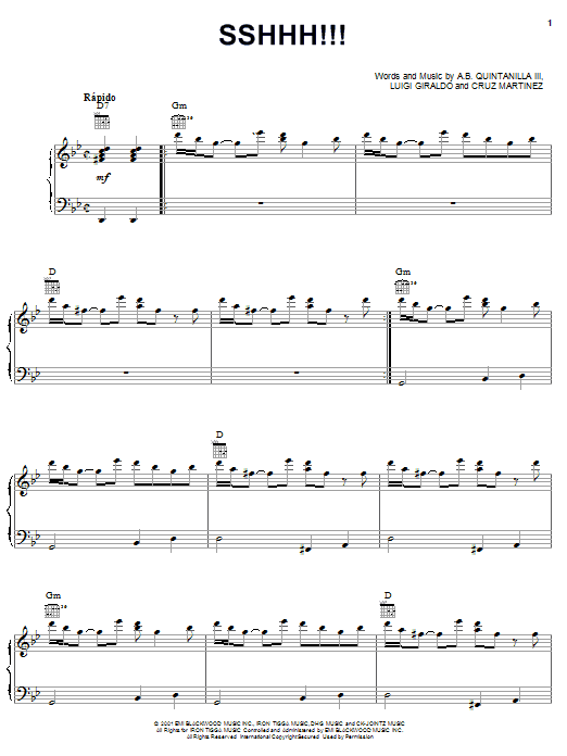 Preview A.B. Quintanilla III SSHHH!!! World sheet music, notes and chords for Piano, Vocal & Guitar (Right-Hand Melody), SKU: 24050 sheet music, piano notes, chords, guitar tabs, score, transpose, transcribe, how to play, guide, download, learn, tutorial, progression, song, artist, awards, billboard, mtv, vh1, tour, single, album, release