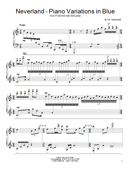 Preview A.P. Kaczmarek Neverland - Piano Variations In Blue Film and TV sheet music, notes and chords for Piano, SKU: 93959 Neverland - Piano Variations In Blue sheet music