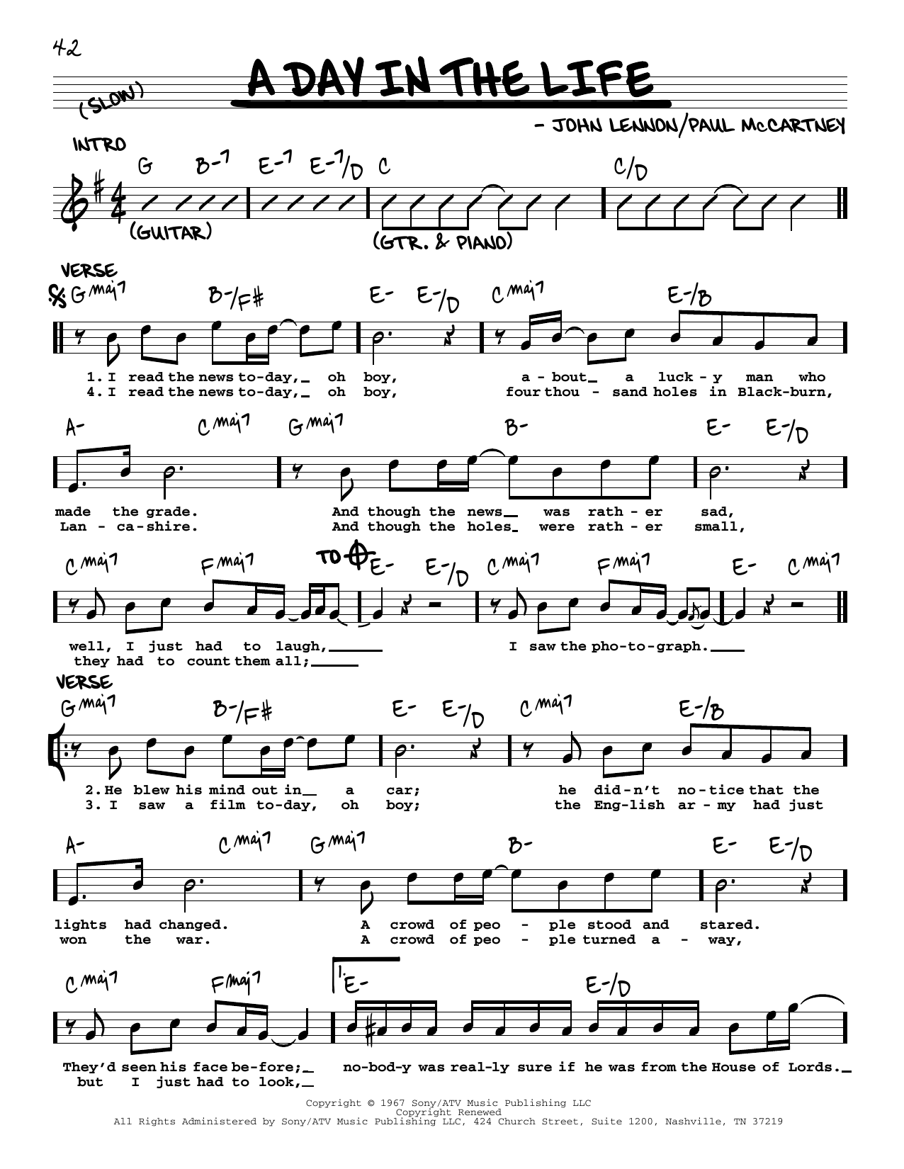 The Beatles A Day In The Life Sheet Music In G Major Transposable Download Print Sku Mn0053561