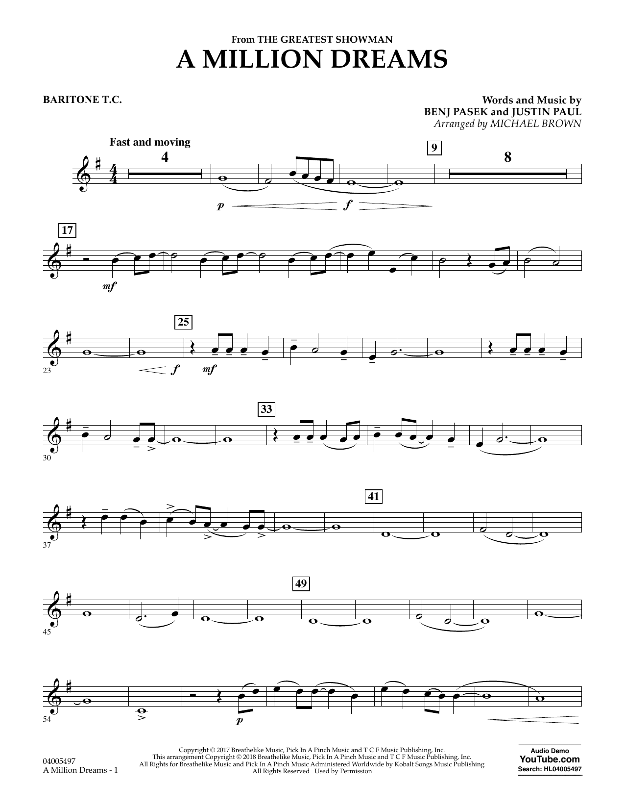 Pasek Paul A Million Dreams From The Greatest Showman Arr Michael Brown Baritone T C Sheet Music Download Pdf Score 377089