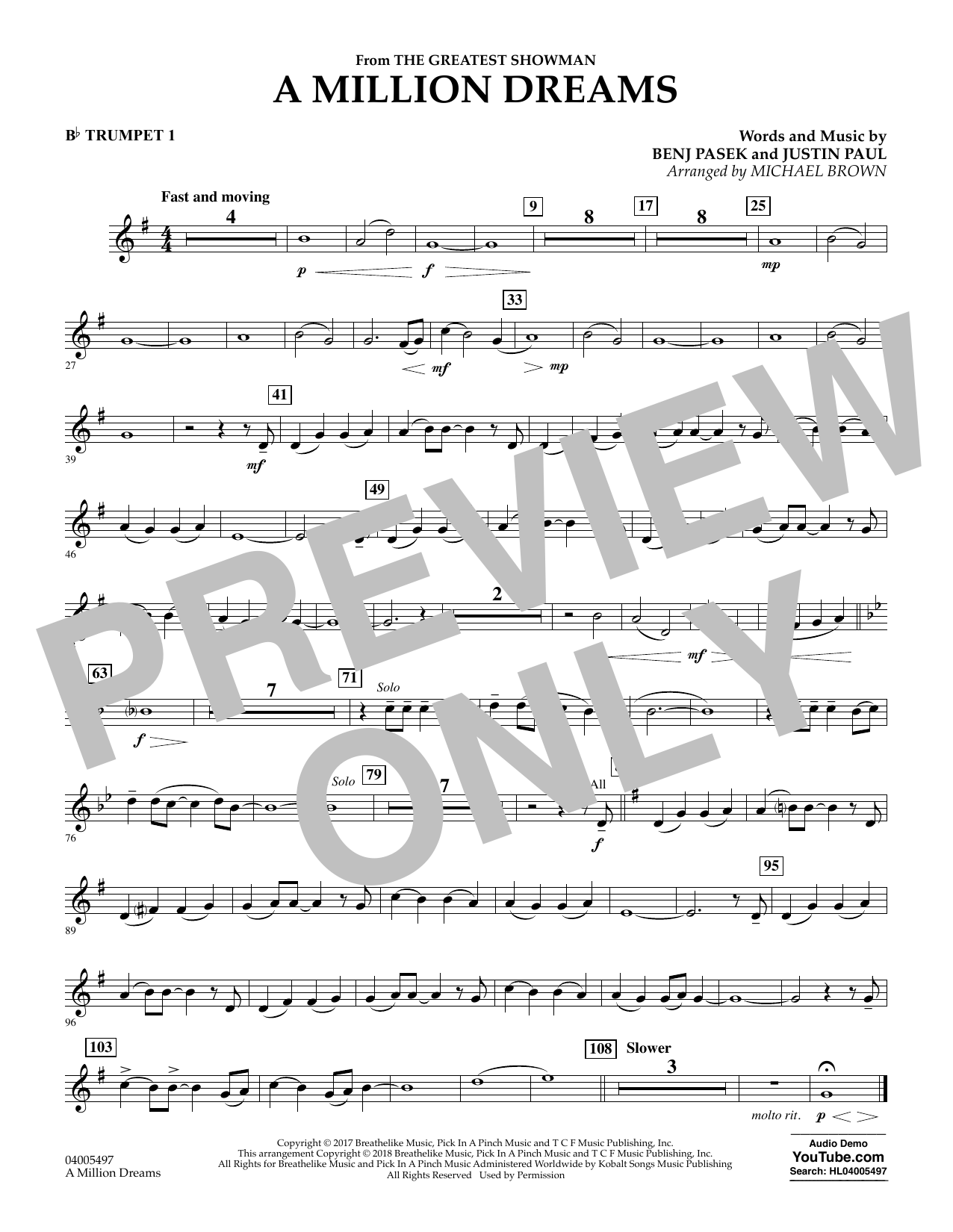 Pasek Paul A Million Dreams From The Greatest Showman Arr Michael Brown Bb Trumpet 1 Sheet Music Download Pdf Score 377084
