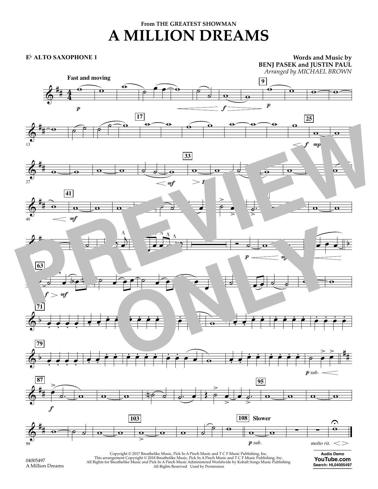 Pasek Paul A Million Dreams From The Greatest Showman Arr Michael Brown Eb Alto Saxophone 1 Sheet Music Download Pdf Score 377078