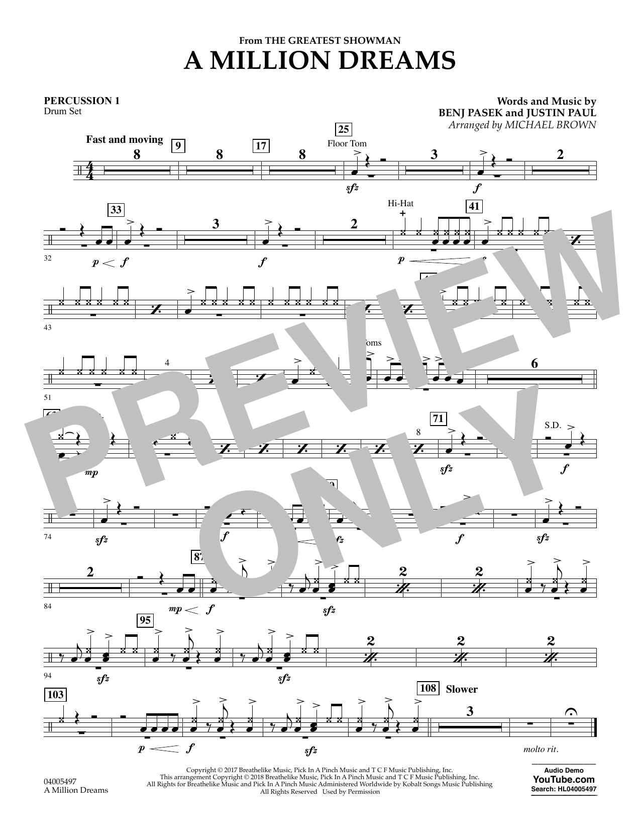 Pasek Paul A Million Dreams From The Greatest Showman Arr Michael Brown Percussion 1 Sheet Music Download Pdf Score 377092