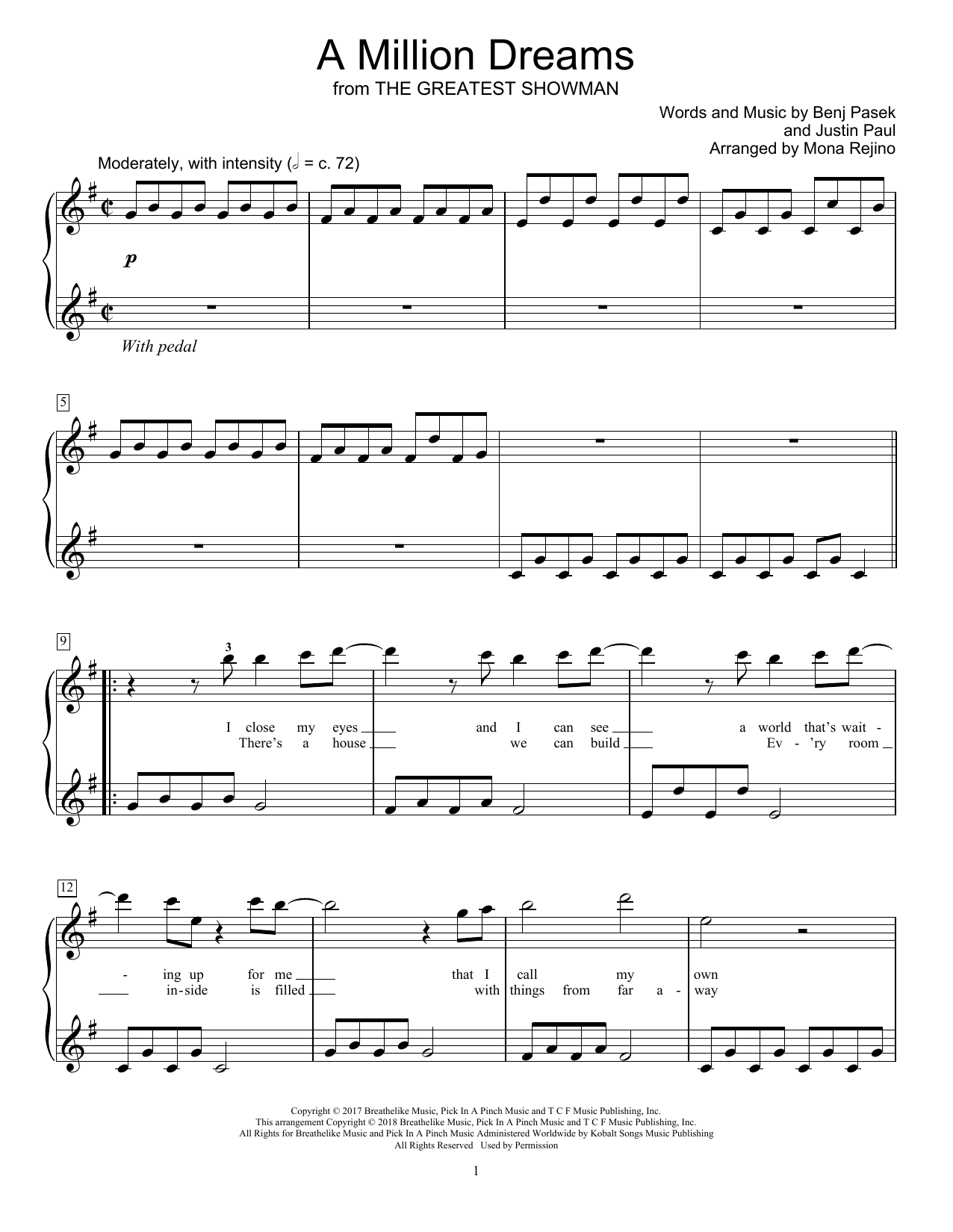 Pasek Paul A Million Dreams From The Greatest Showman Arr Mona Rejino Sheet Music Download Pdf Score 417054