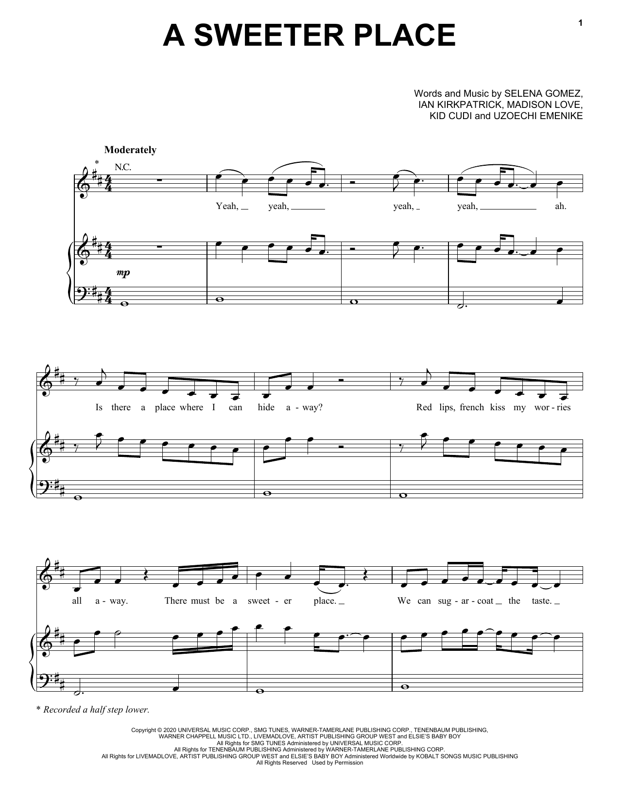 Preview Selena Gomez A Sweeter Place (feat. Kid Cudi) Pop sheet music, notes and chords for Piano, Vocal & Guitar (Right-Hand Melody), SKU: 449519 sheet music, piano notes, chords, guitar tabs, score, transpose, transcribe, how to play, guide, download, learn, tutorial, progression, song, artist, awards, billboard, mtv, vh1, tour, single, album, release