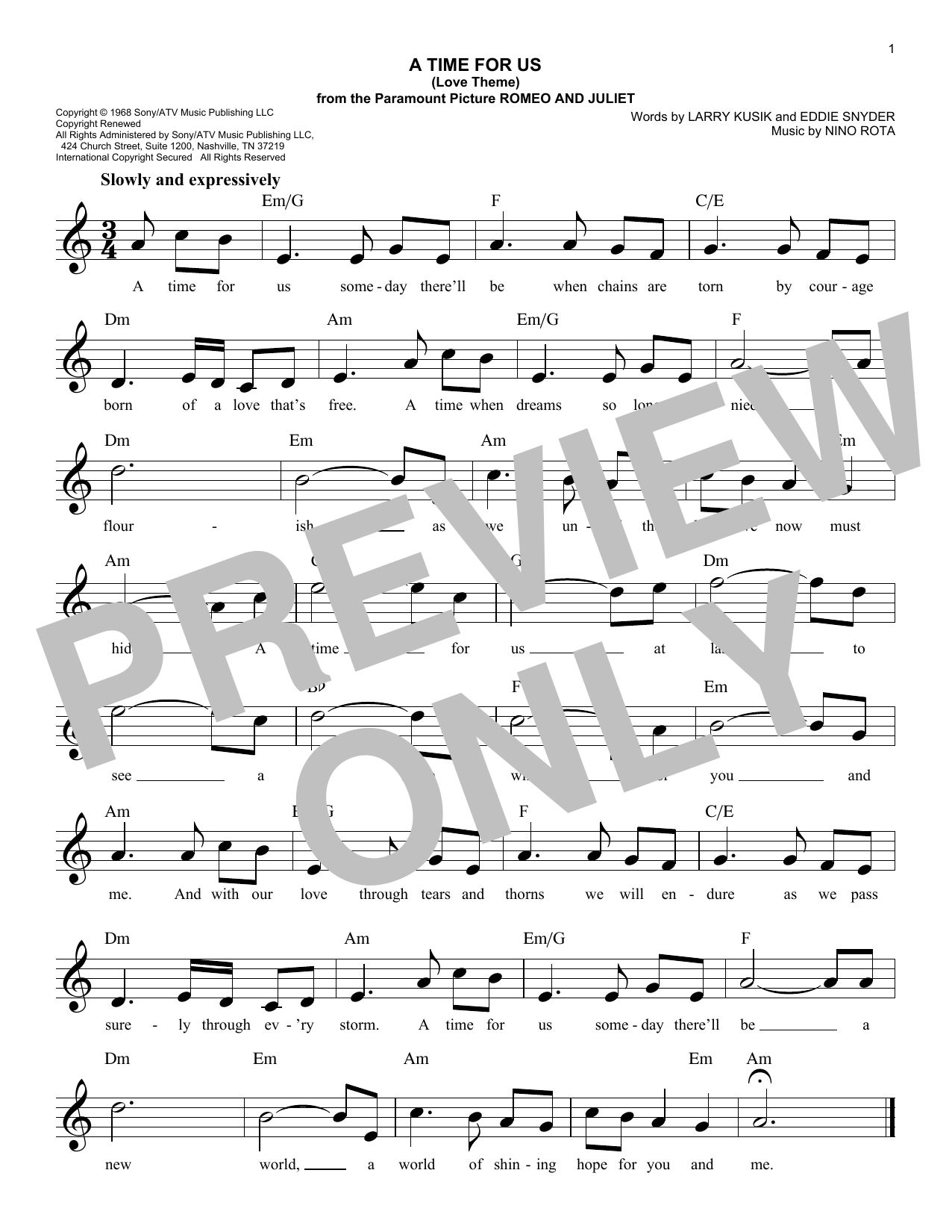 Nino Rota A Time For Us Love Theme From Romeo And Juliet Sheet Music Download Pdf Score