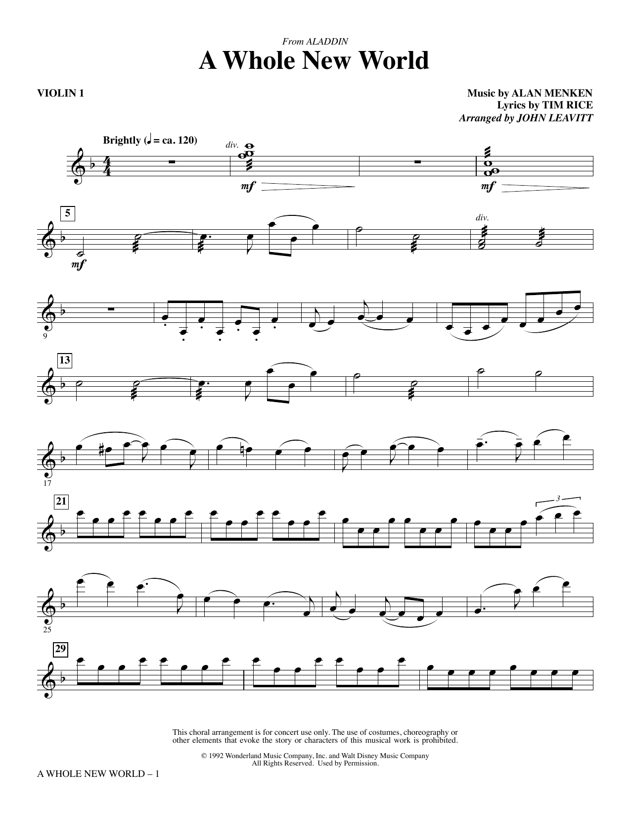 Alan Menken A Whole New World From Aladdin Arr John Leavitt Violin 1 Sheet Music Download Pdf Score