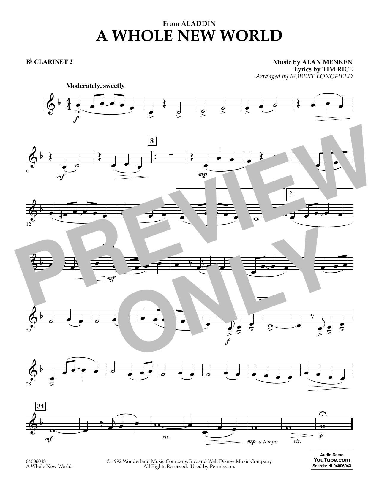 Alan Menken A Whole New World From Aladdin Arr Robert Longfield Clarinet 2 Sheet Music Download Pdf Score 4131