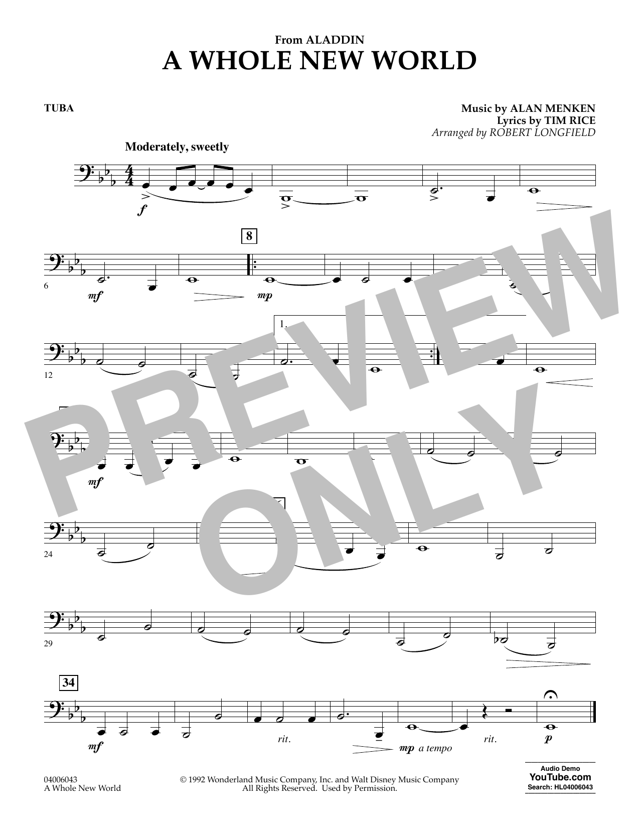 Alan Menken A Whole New World From Aladdin Arr Robert Longfield Tuba Sheet Music Download Pdf Score 4142