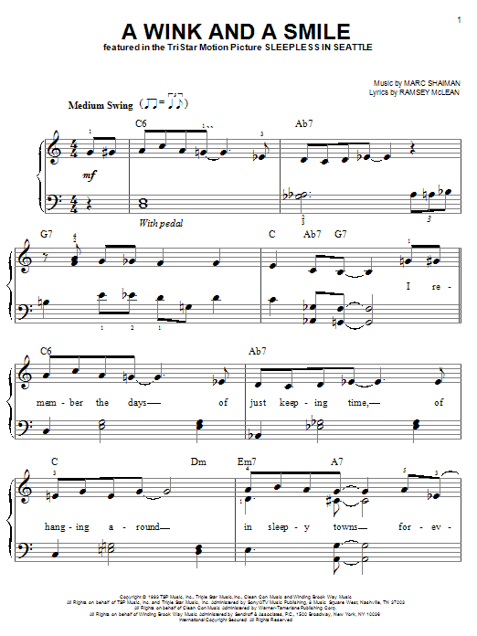 Preview Marc Shaiman A Wink And A Smile Jazz sheet music, notes and chords for Melody Line, Lyrics & Chords, SKU: 179730 sheet music, piano notes, chords, guitar tabs, score, transpose, transcribe, how to play, guide, download, learn, tutorial, progression, song, artist, awards, billboard, mtv, vh1, tour, single, album, release