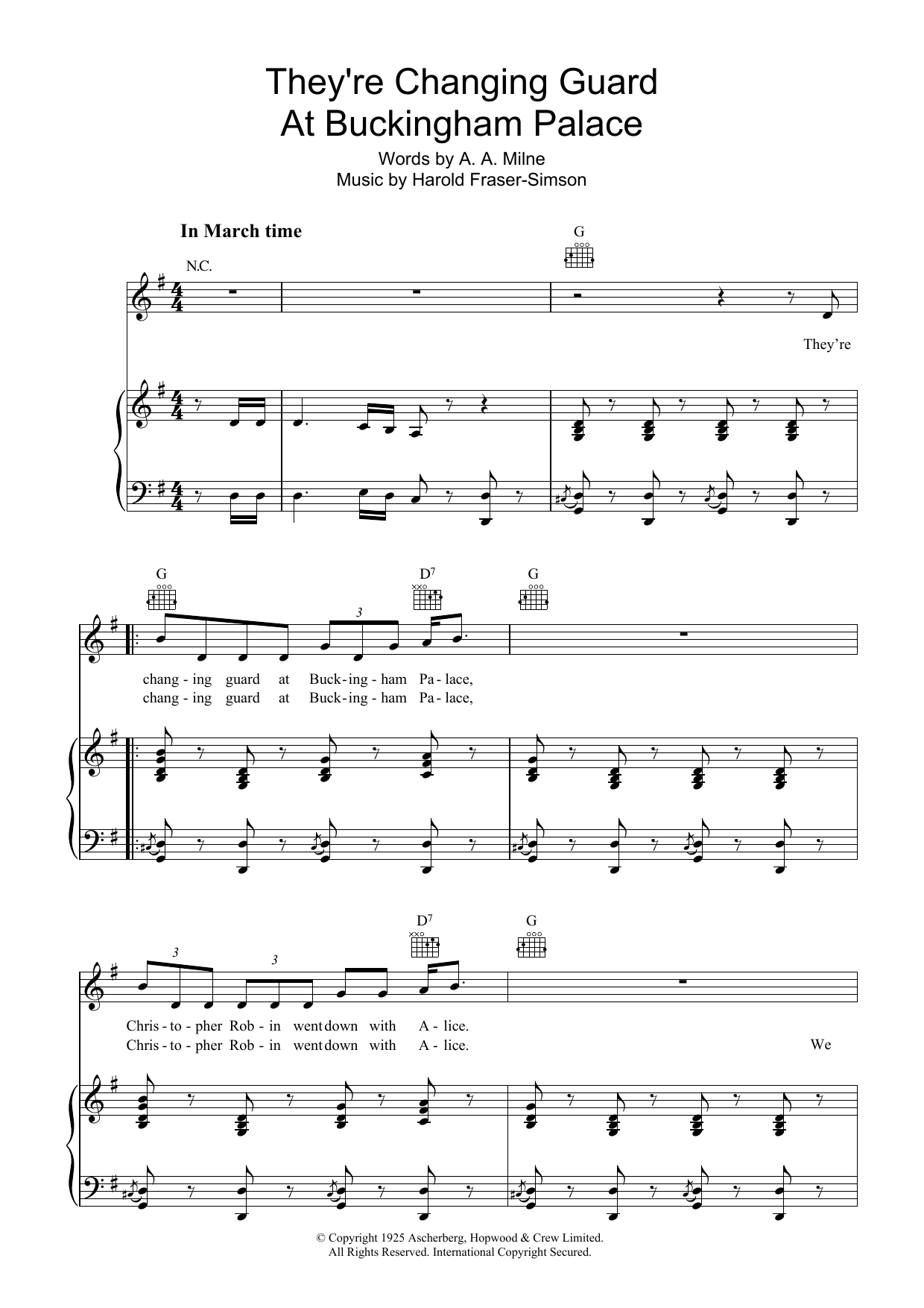 A.A. Milne They're Changing Guard At Buckingham Palace Sheet Music Notes & Chords for Piano, Vocal & Guitar - Download or Print PDF A.A. Milne They're Changing Guard At Buckingham Palace Sheet Music Notes & Chords for Piano, Vocal & Guitar - Download or Print PDF