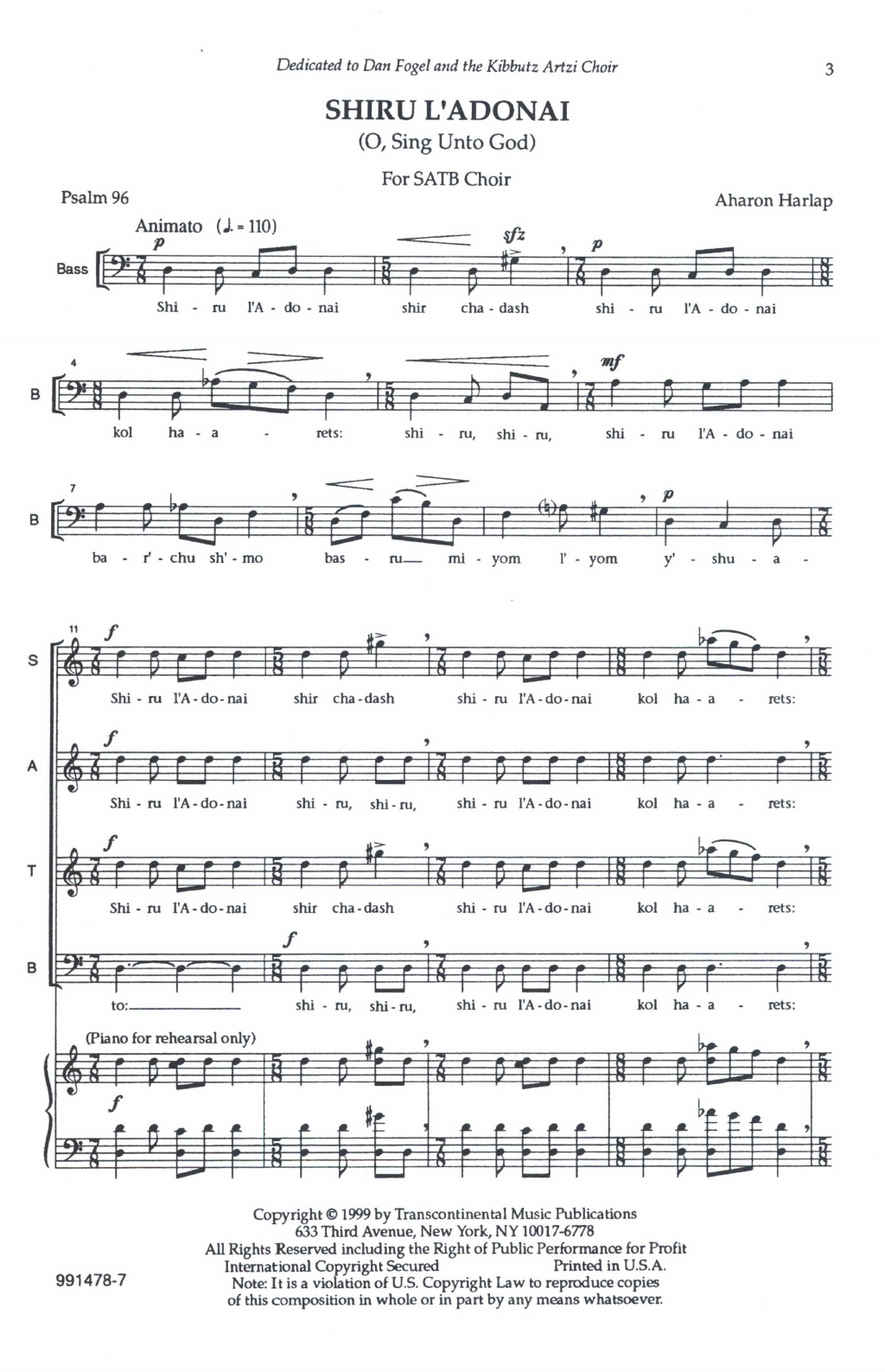 Aahron Harlap Shiru L'adonai (O Sing Unto God) Sheet Music Notes & Chords for SATB Choir - Download or Print PDF
