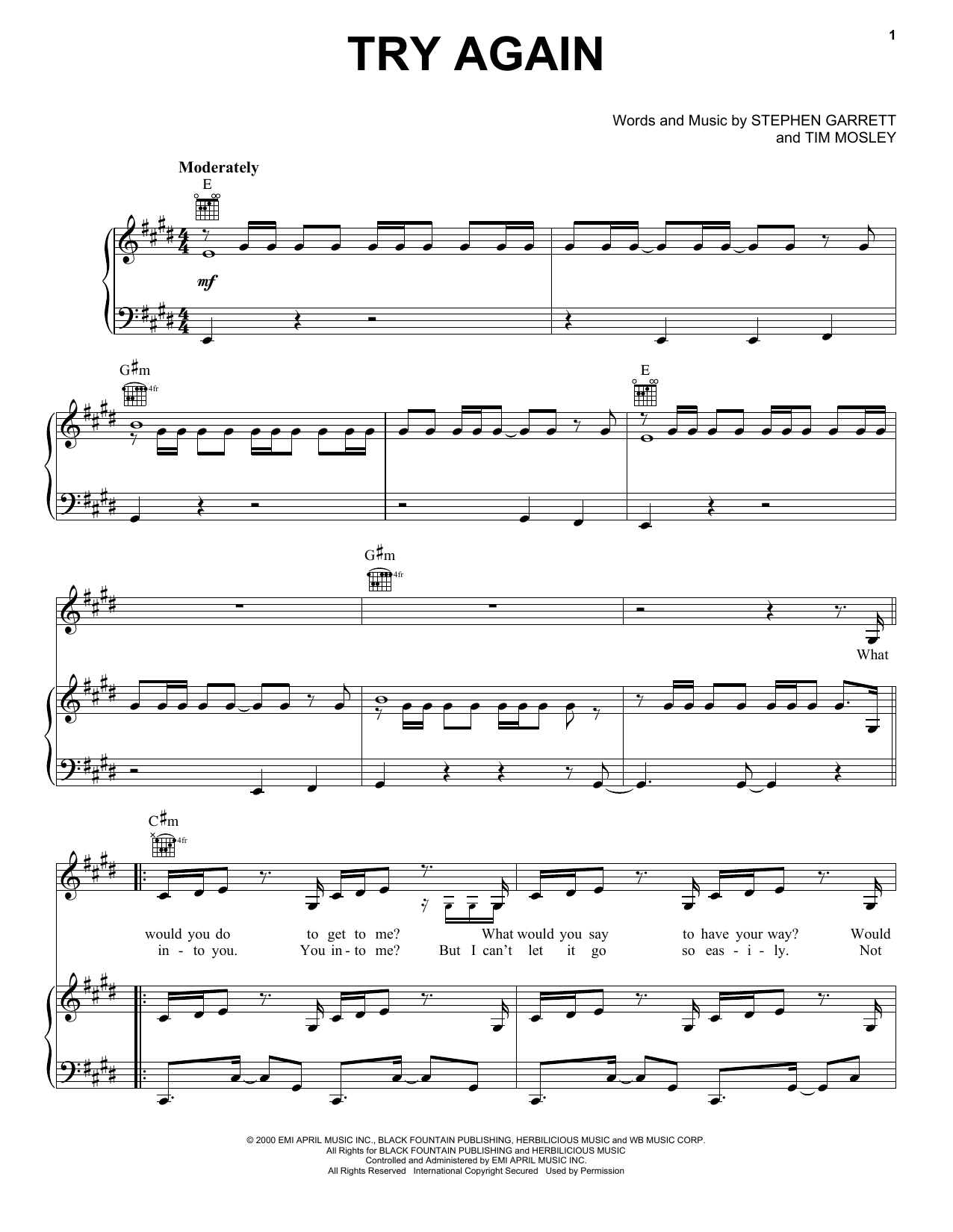 Aaliyah Try Again Sheet Music Notes & Chords for Piano, Vocal & Guitar (Right-Hand Melody) - Download or Print PDF