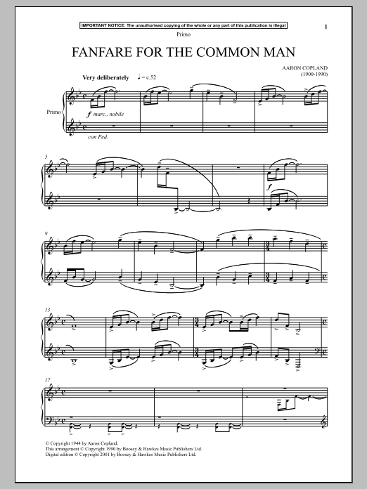 Aaron Copland Fanfare For The Common Man Sheet Music Notes & Chords for Piano Duet - Download or Print PDF