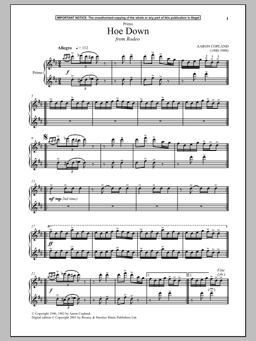 Aaron Copland Hoe Down (from Rodeo) Sheet Music Notes & Chords for Piano Duet - Download or Print PDF Aaron Copland Hoe Down (from Rodeo) Sheet Music Notes & Chords for Piano Duet - Download or Print PDF