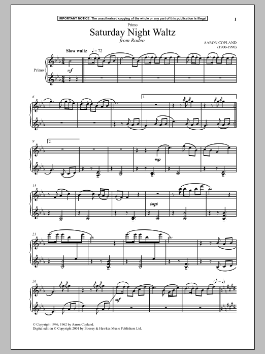 Aaron Copland Saturday Night Waltz (from Rodeo) Sheet Music Notes & Chords for Piano Duet - Download or Print PDF