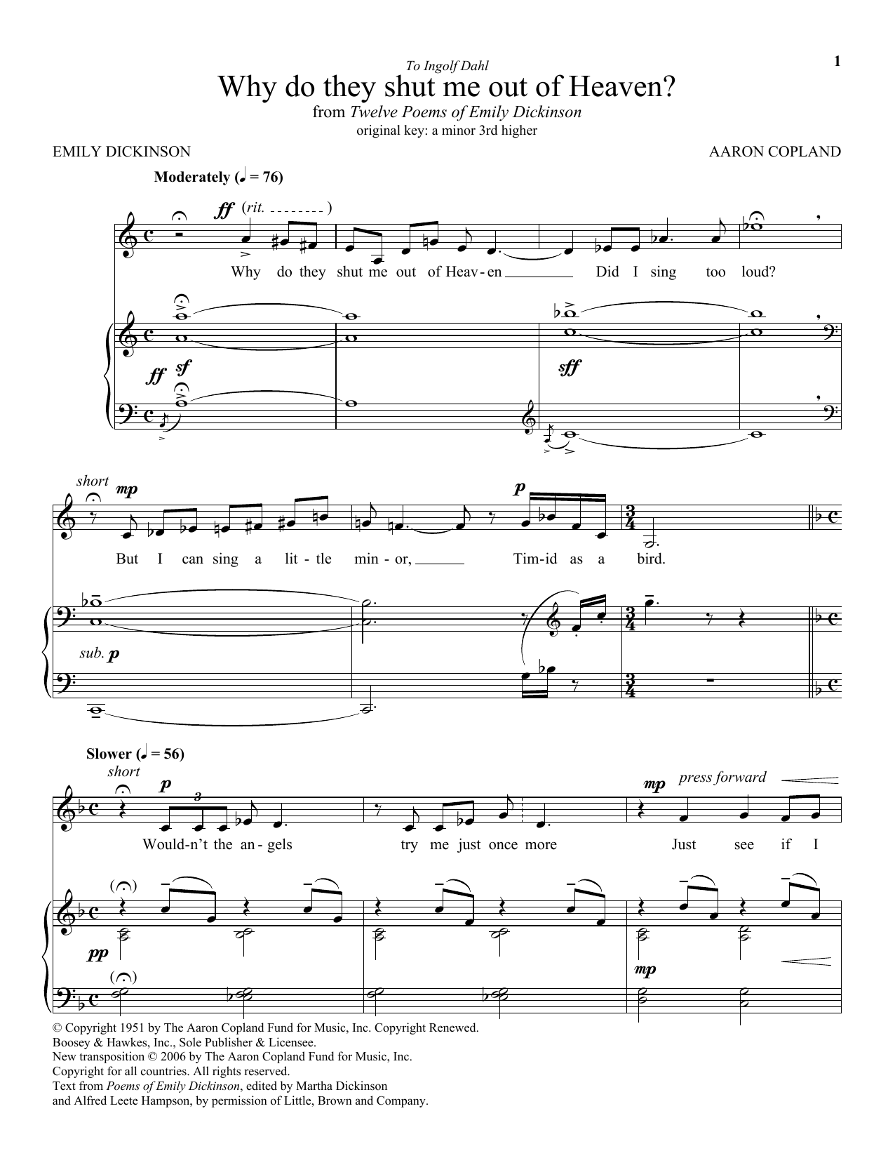 Aaron Copland Why Do They Shut Me Out Of Heaven? Sheet Music Notes & Chords for Piano & Vocal - Download or Print PDF