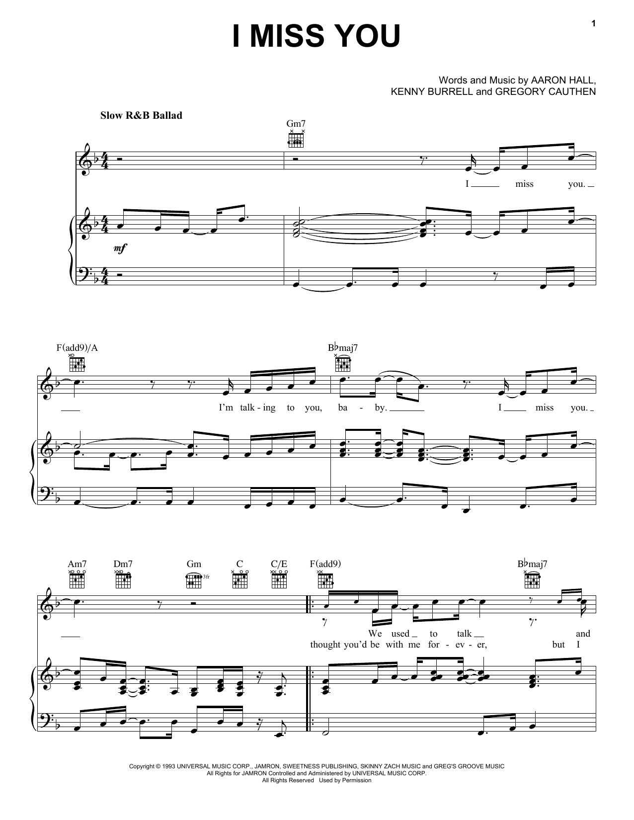 Aaron Hall I Miss You Sheet Music Notes & Chords for Piano, Vocal & Guitar Chords (Right-Hand Melody) - Download or Print PDF