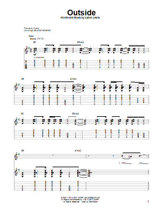Aaron Lewis Outside Sheet Music Notes & Chords for Guitar Tab Play-Along - Download or Print PDF