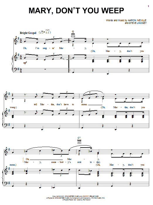 Aaron Neville Mary Don't You Weep Sheet Music Notes & Chords for Piano, Vocal & Guitar (Right-Hand Melody) - Download or Print PDF
