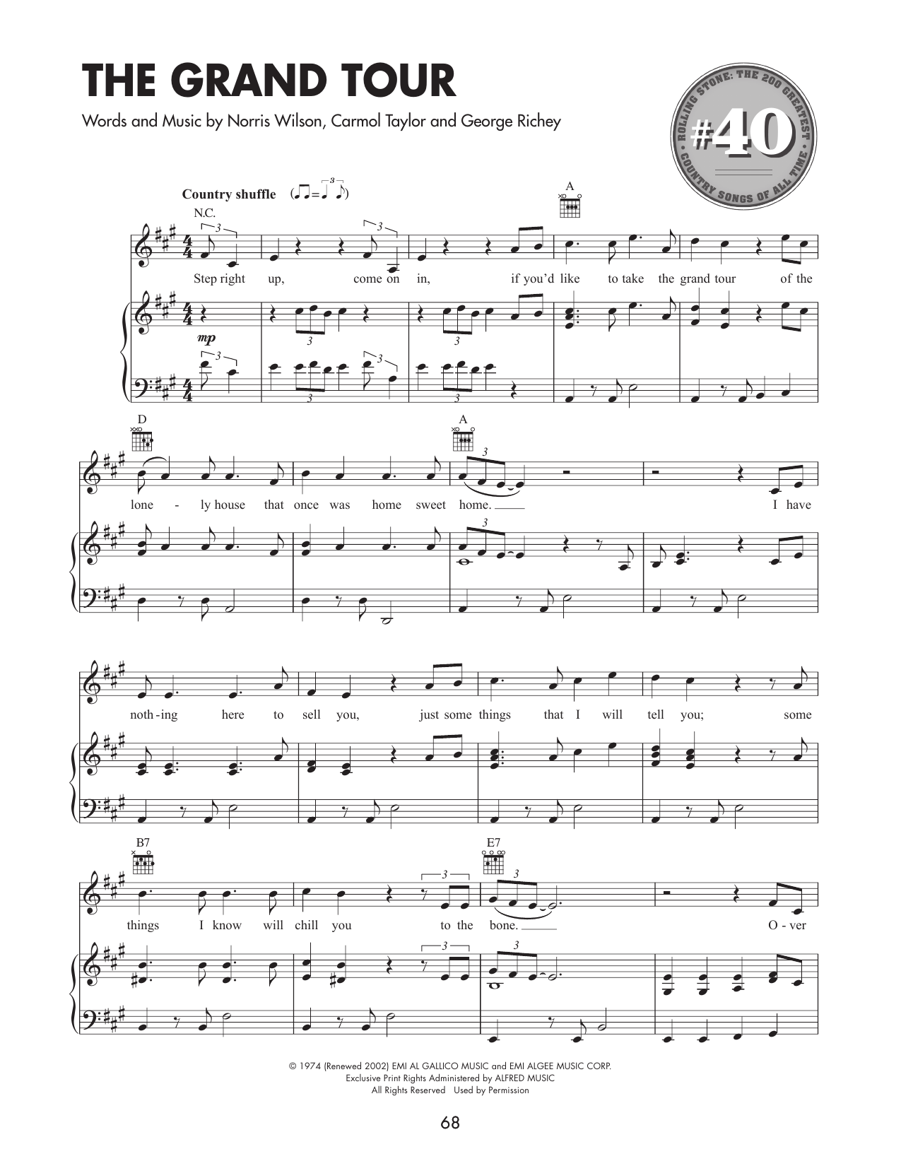 Aaron Neville The Grand Tour Sheet Music Notes & Chords for Piano, Vocal & Guitar Chords (Right-Hand Melody) - Download or Print PDF