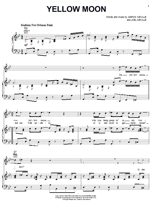 Aaron Neville Yellow Moon Sheet Music Notes & Chords for Piano, Vocal & Guitar (Right-Hand Melody) - Download or Print PDF Aaron Neville Yellow Moon Sheet Music Notes & Chords for Piano, Vocal & Guitar (Right-Hand Melody) - Download or Print PDF