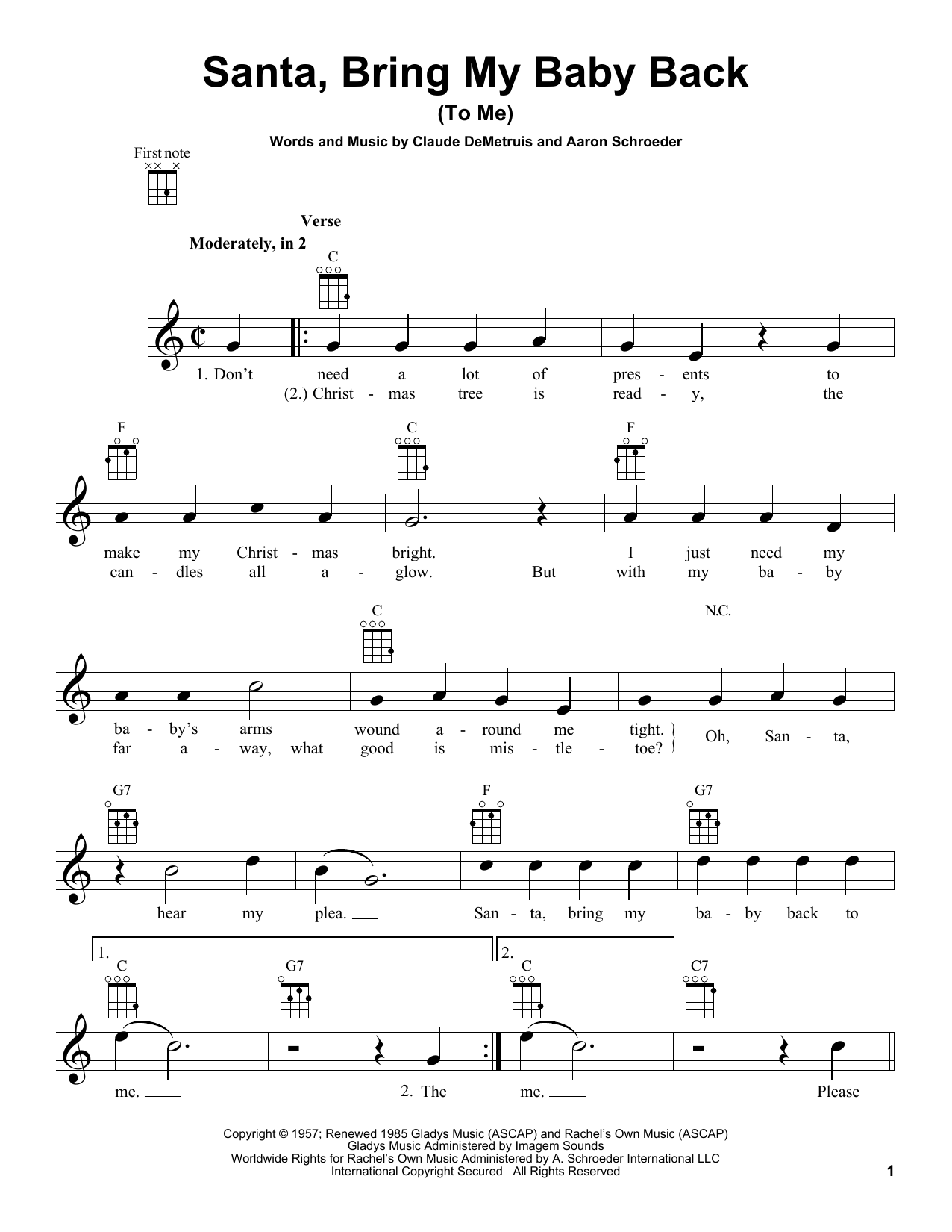Aaron Schroeder Santa, Bring My Baby Back (To Me) Sheet Music Notes & Chords for Ukulele - Download or Print PDF Aaron Schroeder Santa, Bring My Baby Back (To Me) Sheet Music Notes & Chords for Ukulele - Download or Print PDF