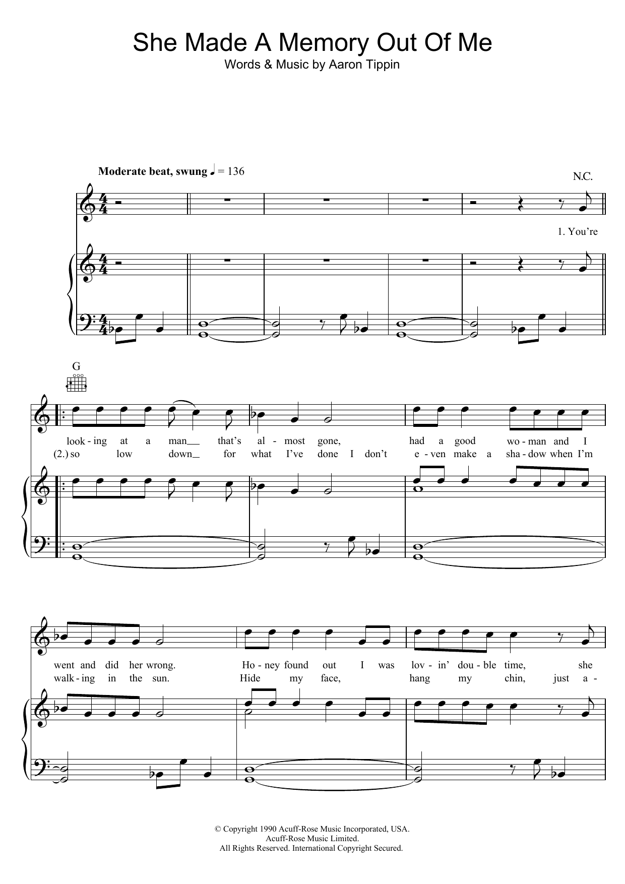 Aaron Tippin She Made A Memory Out Of Me Sheet Music Notes & Chords for Piano, Vocal & Guitar (Right-Hand Melody) - Download or Print PDF