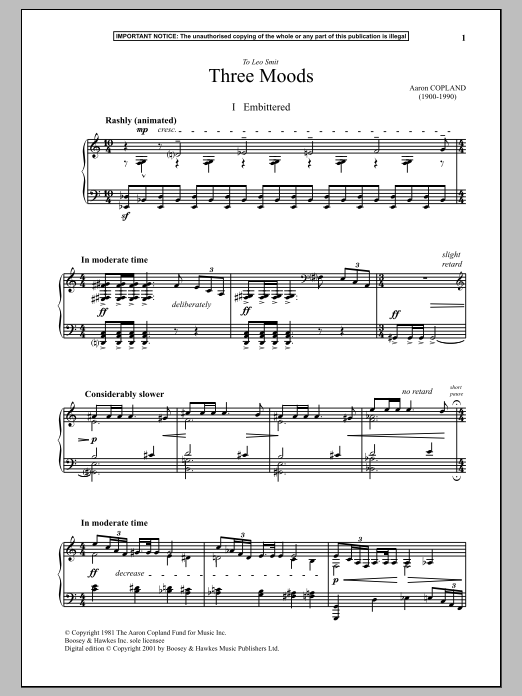Preview Aaron Copland Three Moods (Embittered) Classical sheet music, notes and chords for Piano, SKU: 89487 Three Moods (Embittered) sheet music