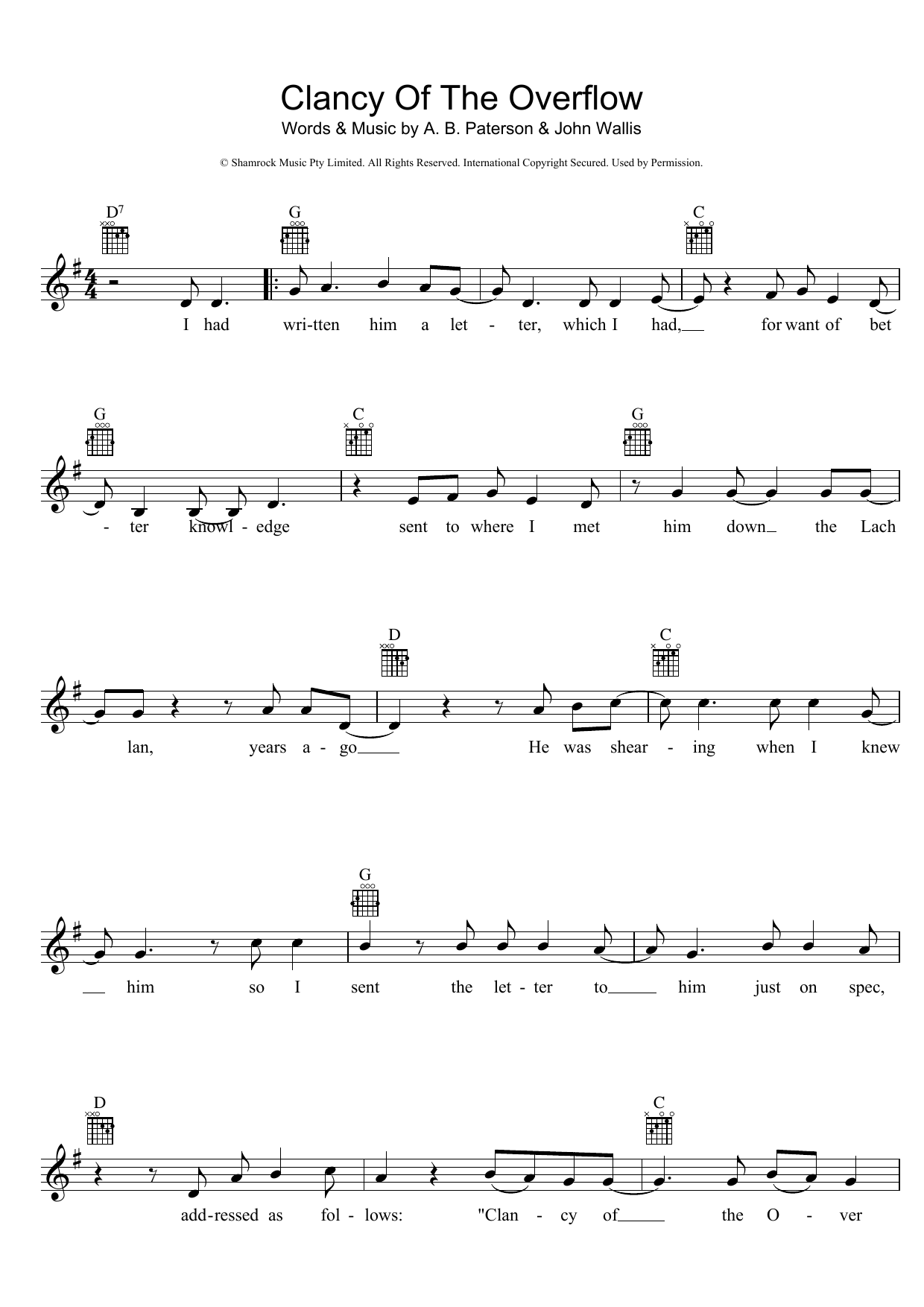 A.B. 'Banjo' Paterson Clancy Of The Overflow Sheet Music Notes & Chords for Melody Line, Lyrics & Chords - Download or Print PDF