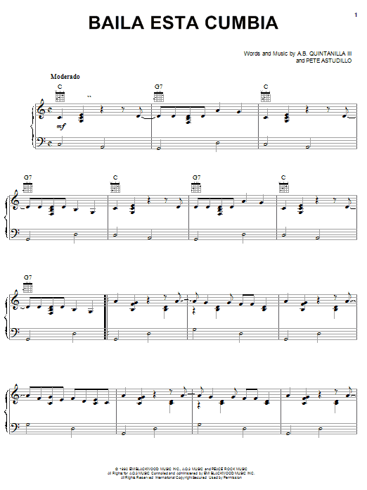 A.B. Quintanilla III Baila Esta Cumbia Sheet Music Notes & Chords for Piano, Vocal & Guitar (Right-Hand Melody) - Download or Print PDF