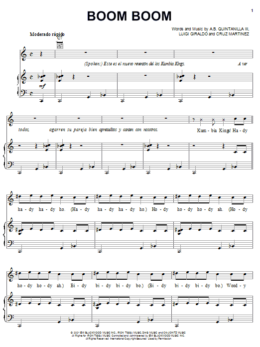 A.B. Quintanilla III Boom Boom Sheet Music Notes & Chords for Piano, Vocal & Guitar (Right-Hand Melody) - Download or Print PDF