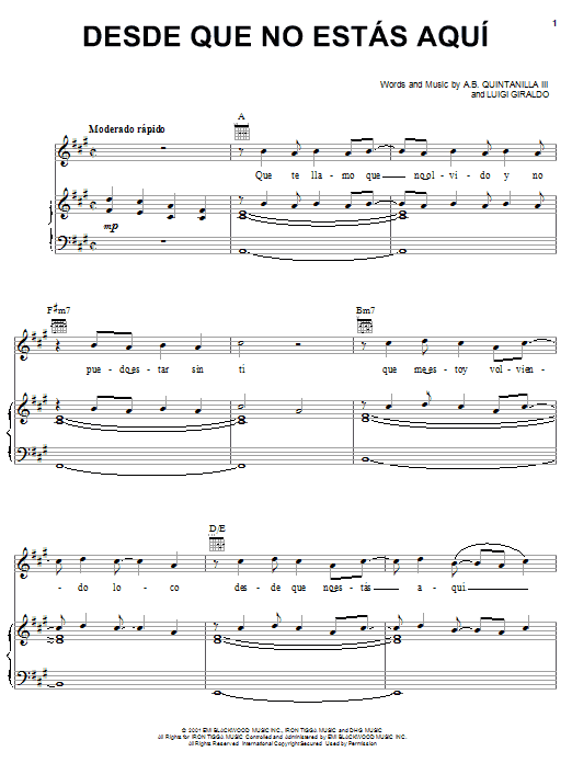 A.B. Quintanilla III Desde Que No Estas Aqui Sheet Music Notes & Chords for Piano, Vocal & Guitar (Right-Hand Melody) - Download or Print PDF