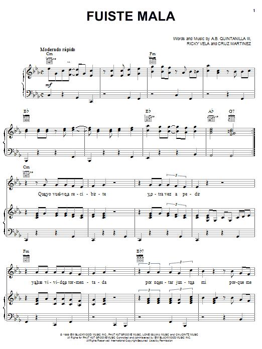 A.B. Quintanilla III Fuiste Mala Sheet Music Notes & Chords for Piano, Vocal & Guitar (Right-Hand Melody) - Download or Print PDF