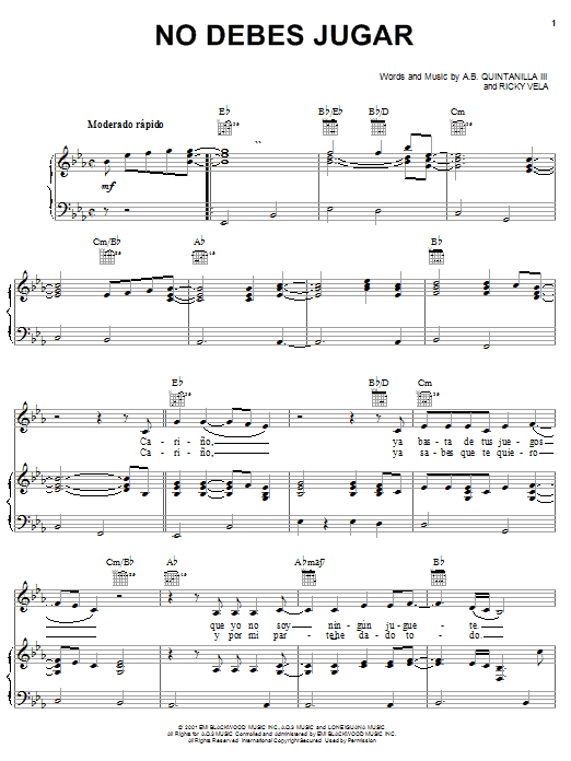 A.B. Quintanilla III No Debes Jugar Sheet Music Notes & Chords for Piano, Vocal & Guitar (Right-Hand Melody) - Download or Print PDF
