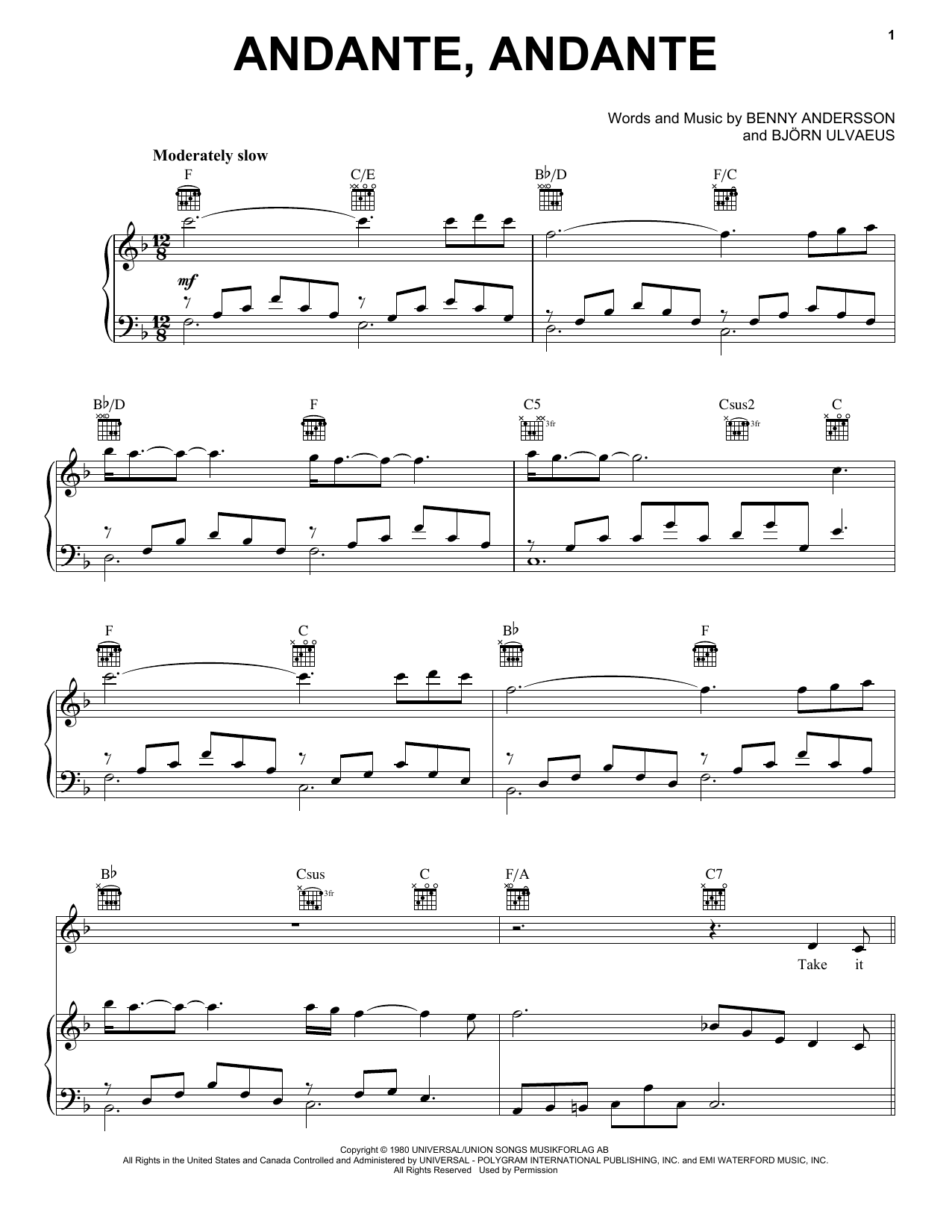 ABBA Andante, Andante (from Mamma Mia! Here We Go Again) Sheet Music Notes & Chords for Piano, Vocal & Guitar (Right-Hand Melody) - Download or Print PDF