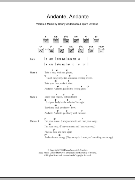 ABBA Andante, Andante Sheet Music Notes & Chords for Lyrics & Chords - Download or Print PDF