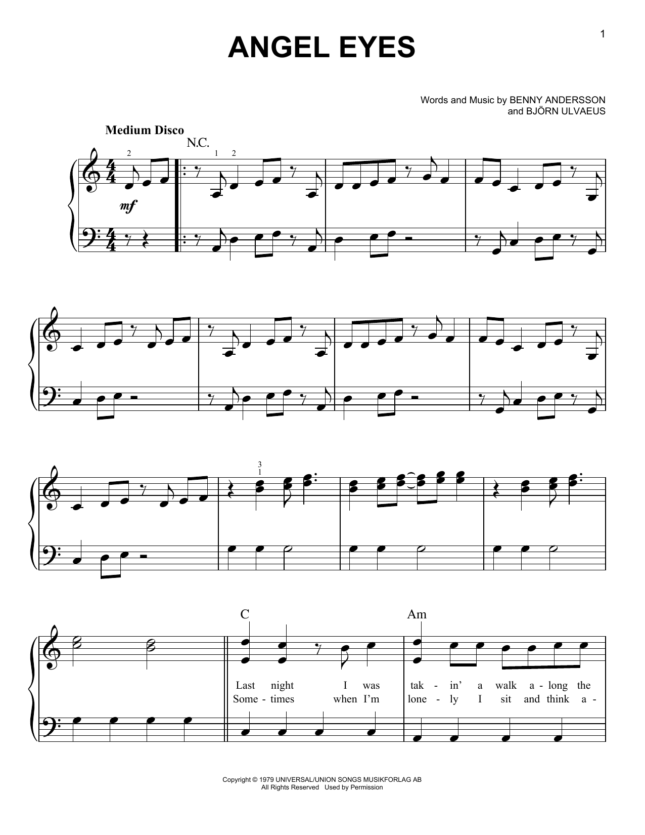 ABBA Angeleyes (from Mamma Mia! Here We Go Again) Sheet Music Notes & Chords for Easy Piano - Download or Print PDF