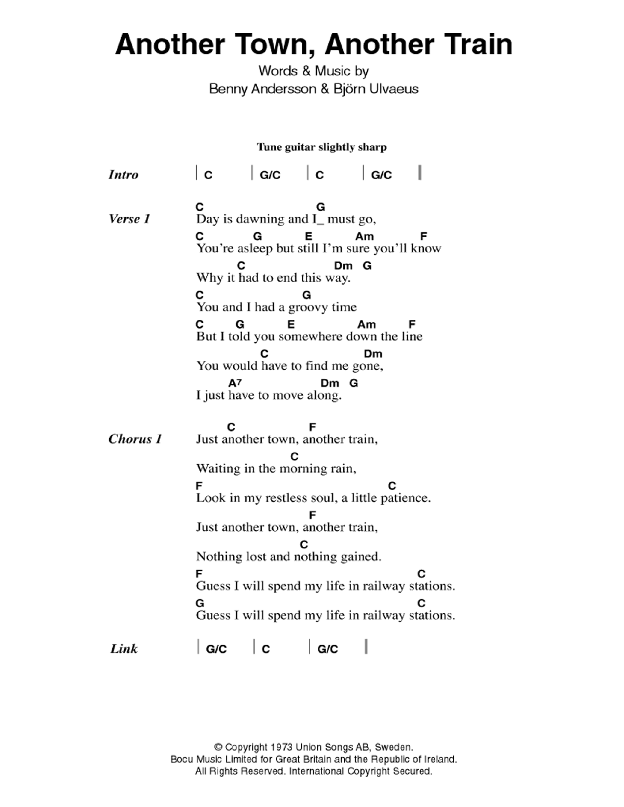 ABBA Another Town, Another Train Sheet Music Notes & Chords for Lyrics & Chords - Download or Print PDF