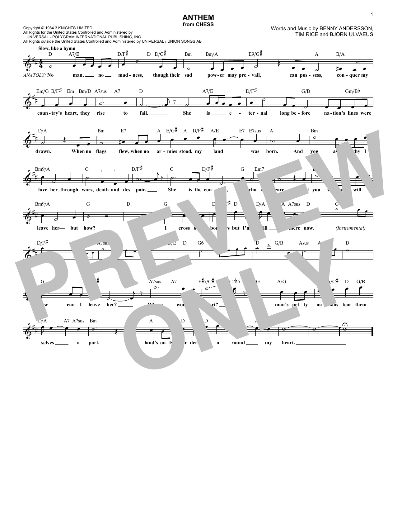ABBA Anthem Sheet Music Notes & Chords for Melody Line, Lyrics & Chords - Download or Print PDF